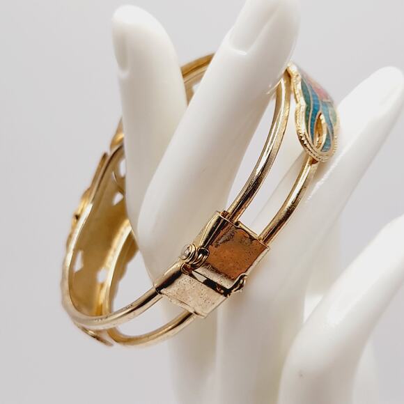 Vintage Cloisonné Hinged Bracelet 6 3/4" Blue Green Floral Enamel Gold Tone - Picture 4 of 10